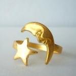 Brass Moon Ring With A Star. Wrap Style Open Ring