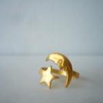 Brass Moon Ring With A Star. Wrap Style Open Ring