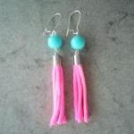 Neon Pink Earrings With Turquoise Beads