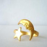  brass moon ring with a star. wrap style open ring