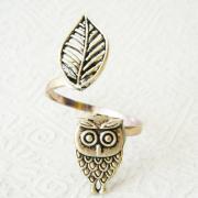 owl ring with a leaf wrap style, adjustable ring, animal ring