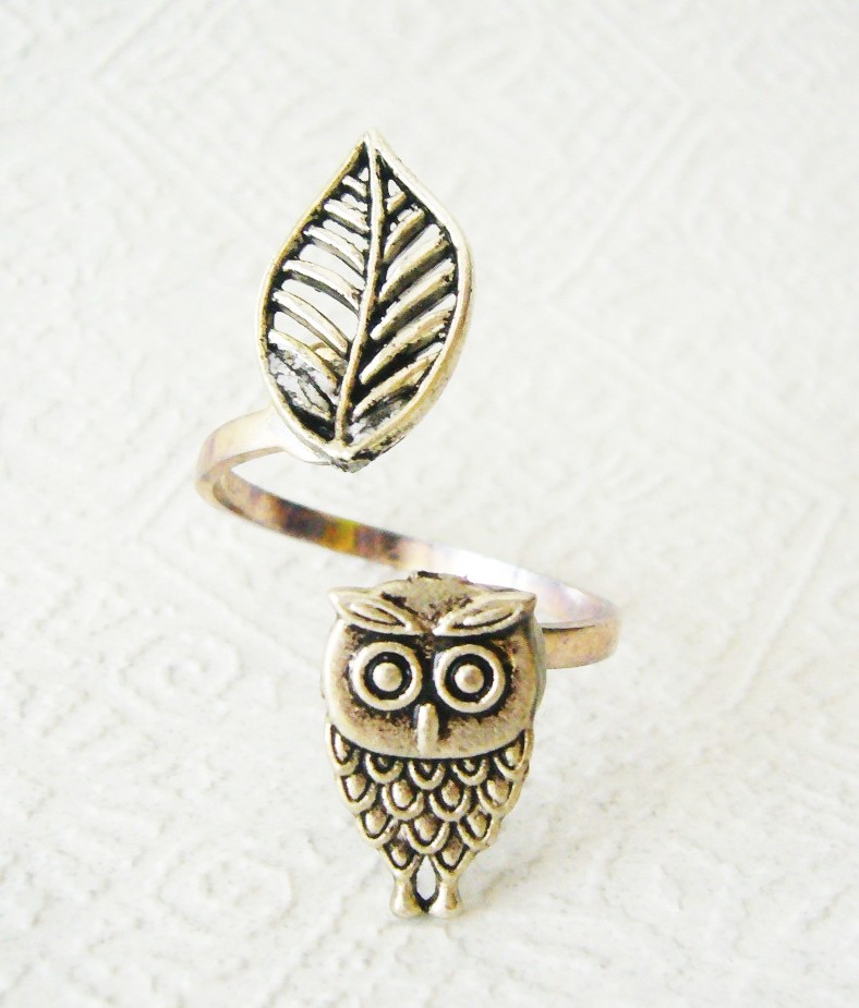 Owl Ring With A Leaf Wrap Style, Adjustable Ring, Animal Ring